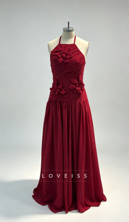 Halter Floral Embellished Pleated A-Line Prom Dress