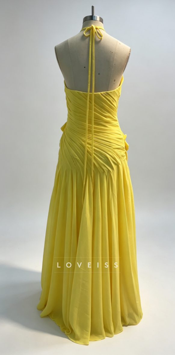 Halter Floral Embellished Pleated A-Line Prom Dress