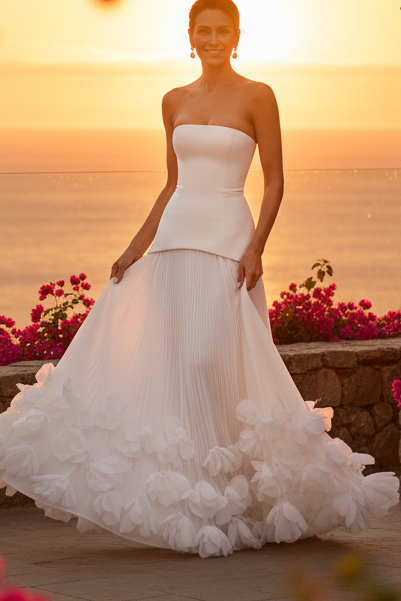 Strapless Pleated Gown with Rosette Ruffle Hem