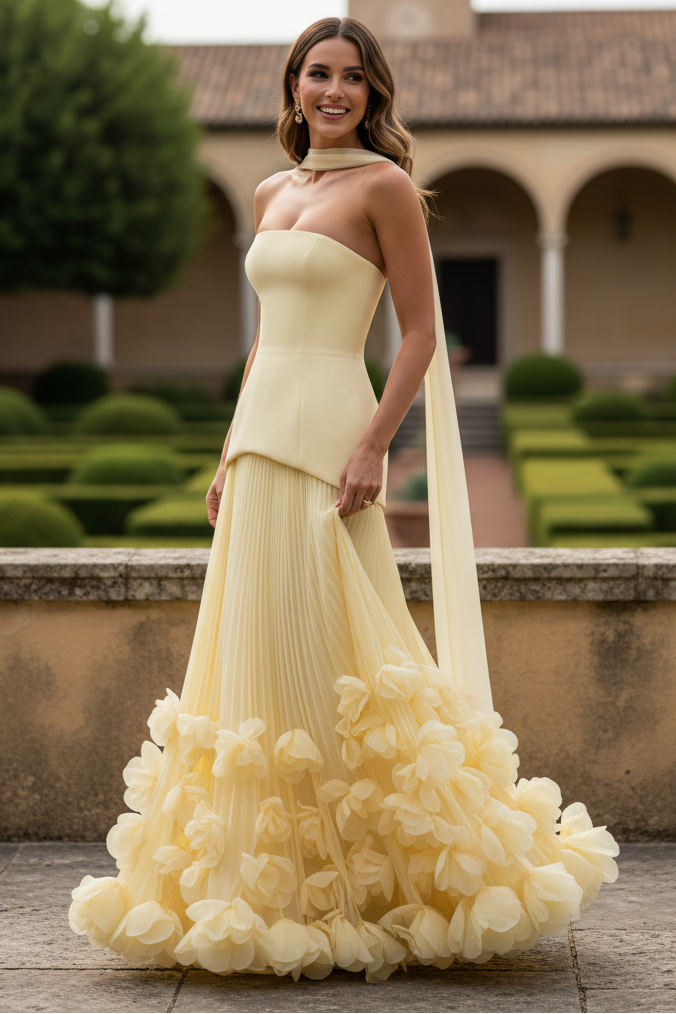 Strapless Pleated Gown with Rosette Ruffle Hem