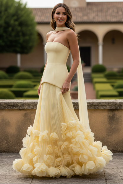 Strapless Pleated Gown with Rosette Ruffle Hem