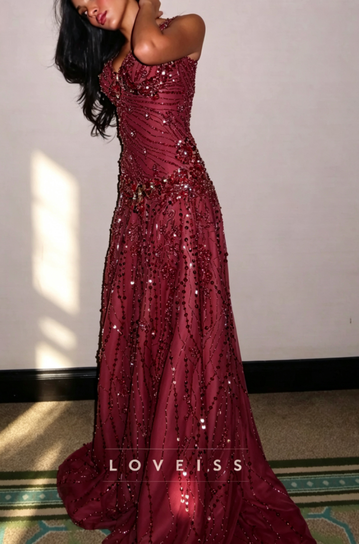 Sweetheart Straps Beaded Embroidery Sparkly A-Line Prom Dress