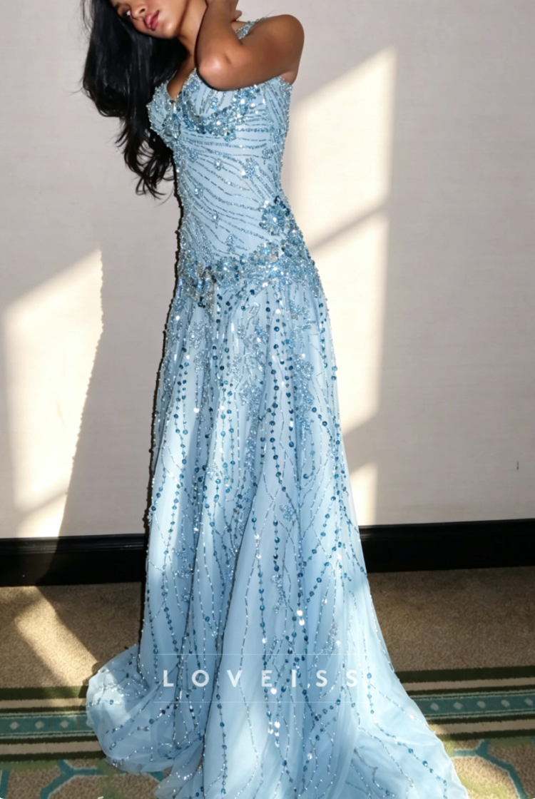 Sweetheart Straps Beaded Embroidery Sparkly A-Line Prom Dress