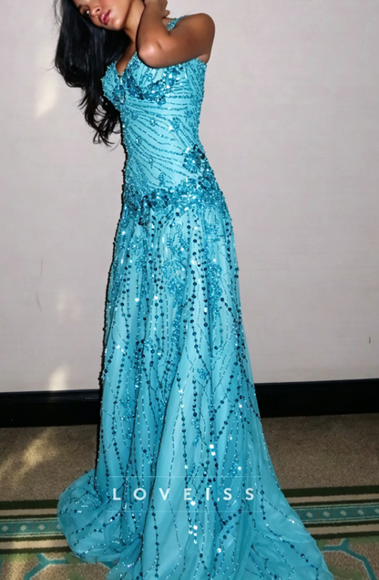 Sweetheart Straps Beaded Embroidery Sparkly A-Line Prom Dress