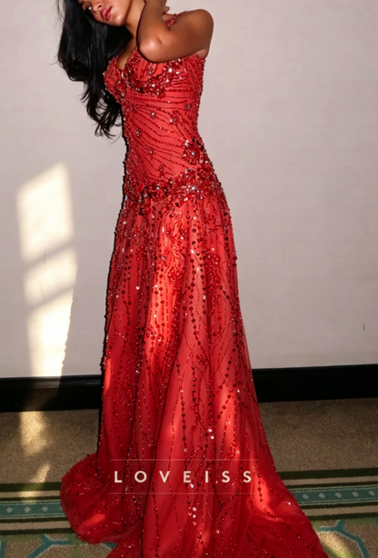 Sweetheart Straps Beaded Embroidery Sparkly A-Line Prom Dress