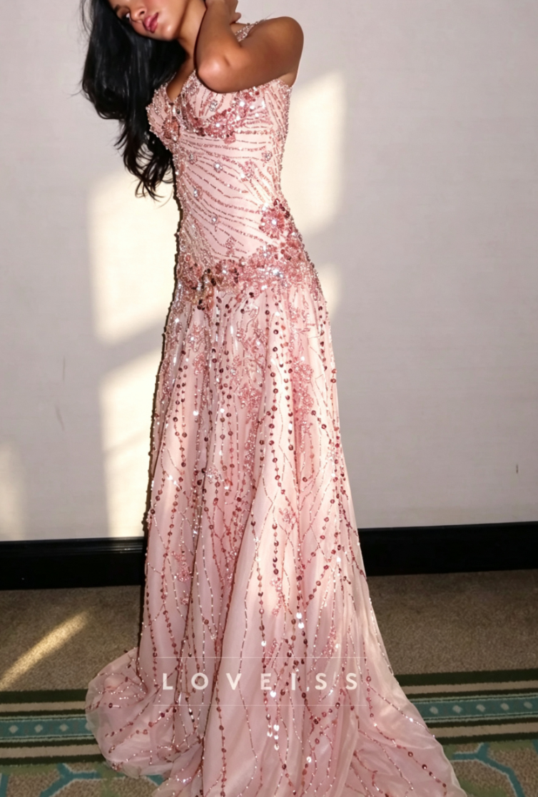 Sweetheart Straps Beaded Embroidery Sparkly A-Line Prom Dress