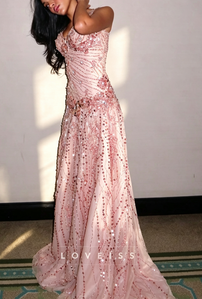 Sweetheart Straps Beaded Embroidery Sparkly A-Line Prom Dress