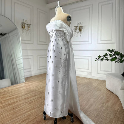 Blue Beaded Crystal Ankle-Length Mermaid Satin Evening Dress Gown for Party