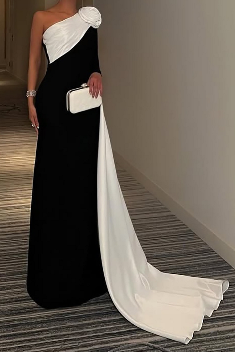 3D Flower Decor Skew Neck Colorblock Gowns Maxi Cape Dresses-Black