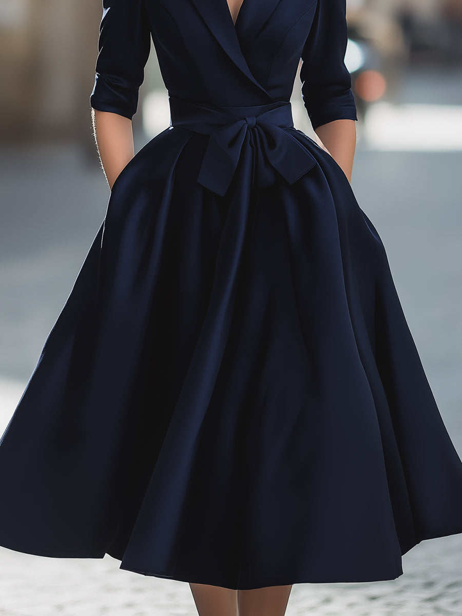 Elegant  A-line V-Neck Collared Tea-Length Satin Dress