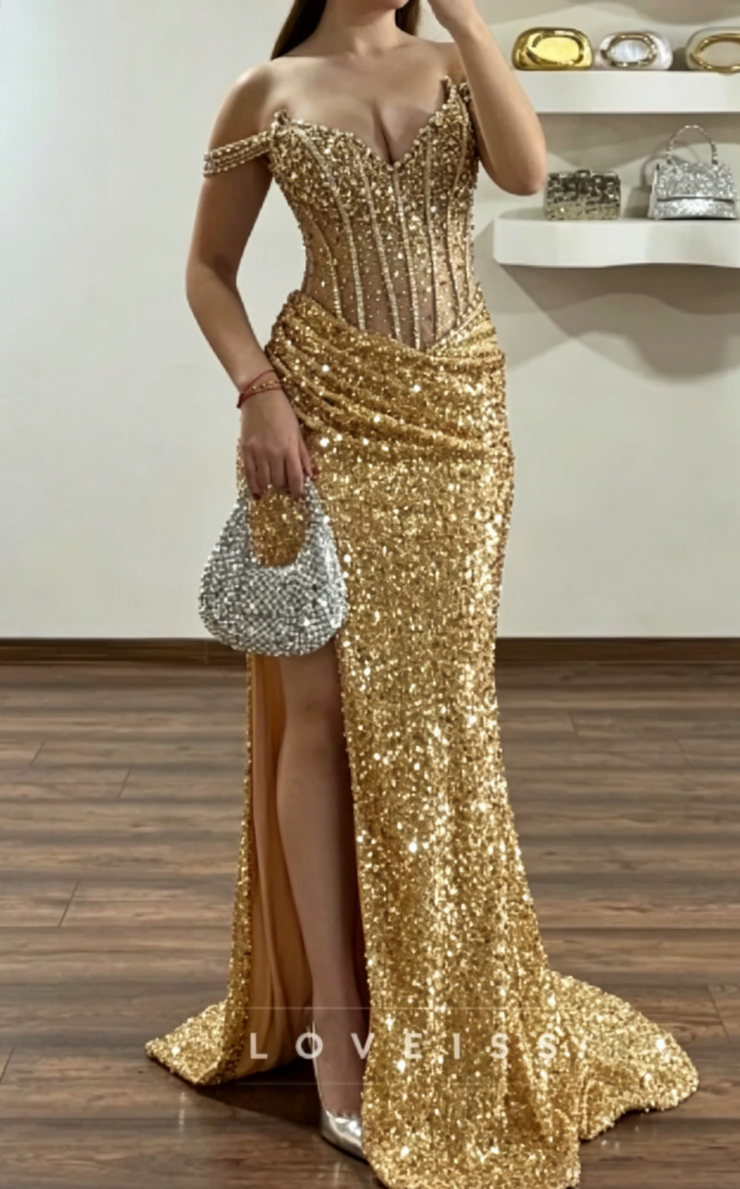V-Neck Sleeveless Sequins Beaded Sparkly Sheath Prom Dress