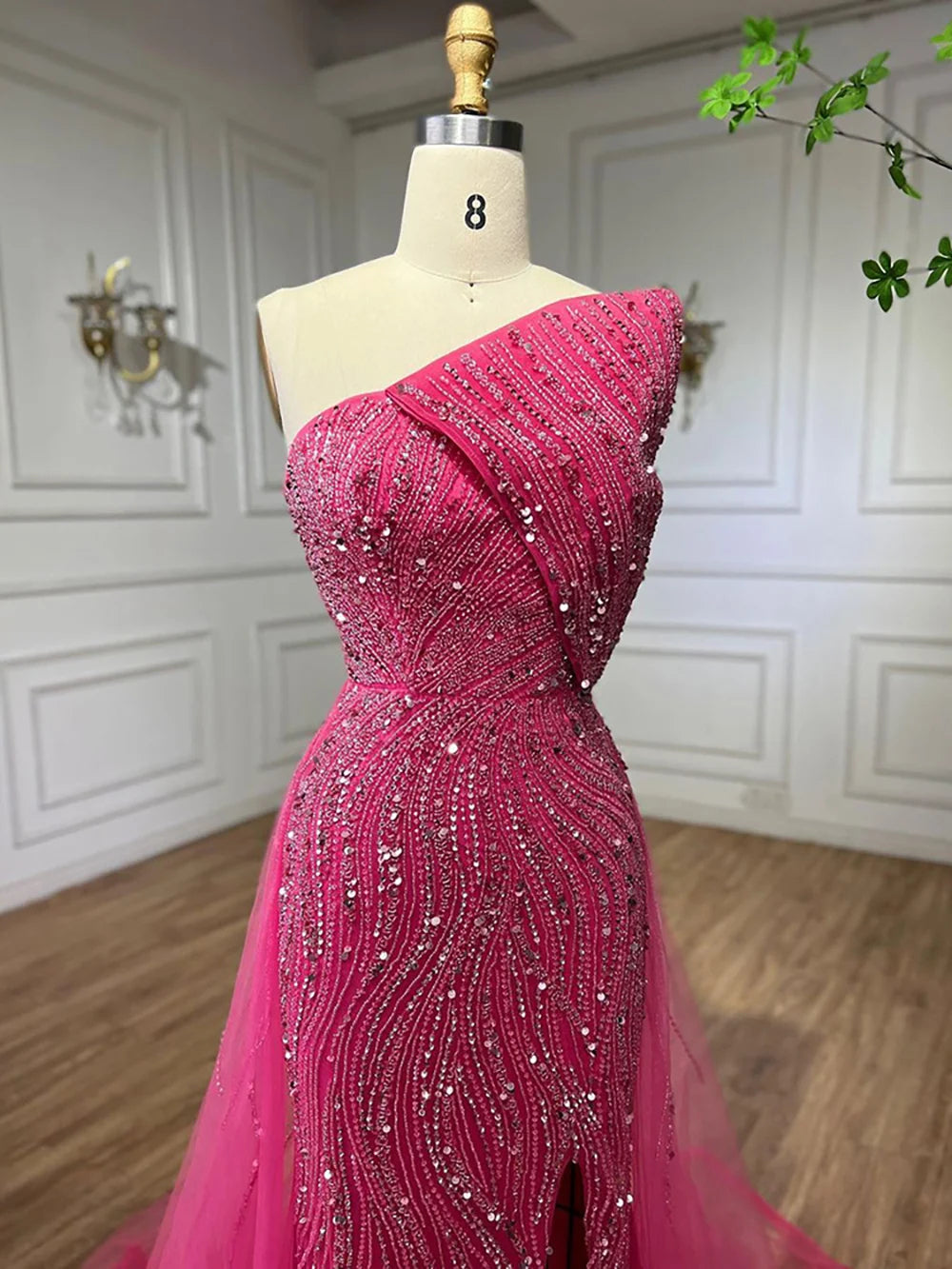Strapless Evening Dress with High Split, Beaded Elegance