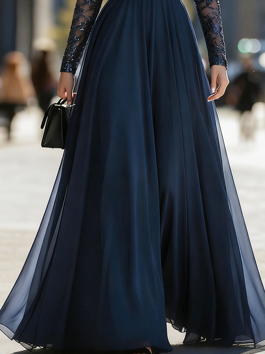 Midnight Sparkle – Navy Sequin Mesh Sleeve Gown