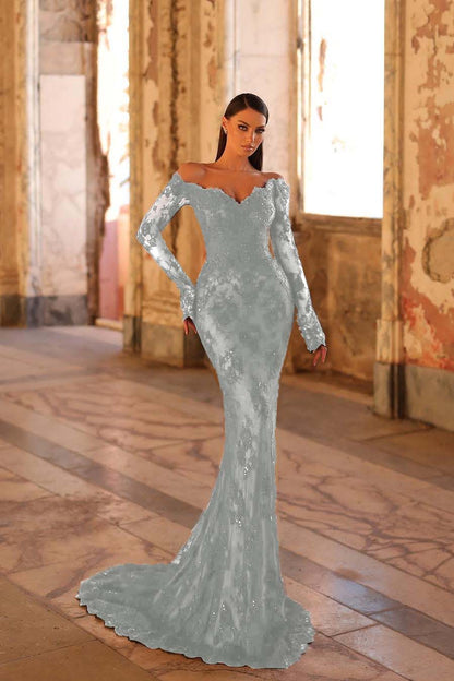 Lussooy Black Satin Off the Shoulder Amazing Long Sleeves Split Prom Dress with Feathers