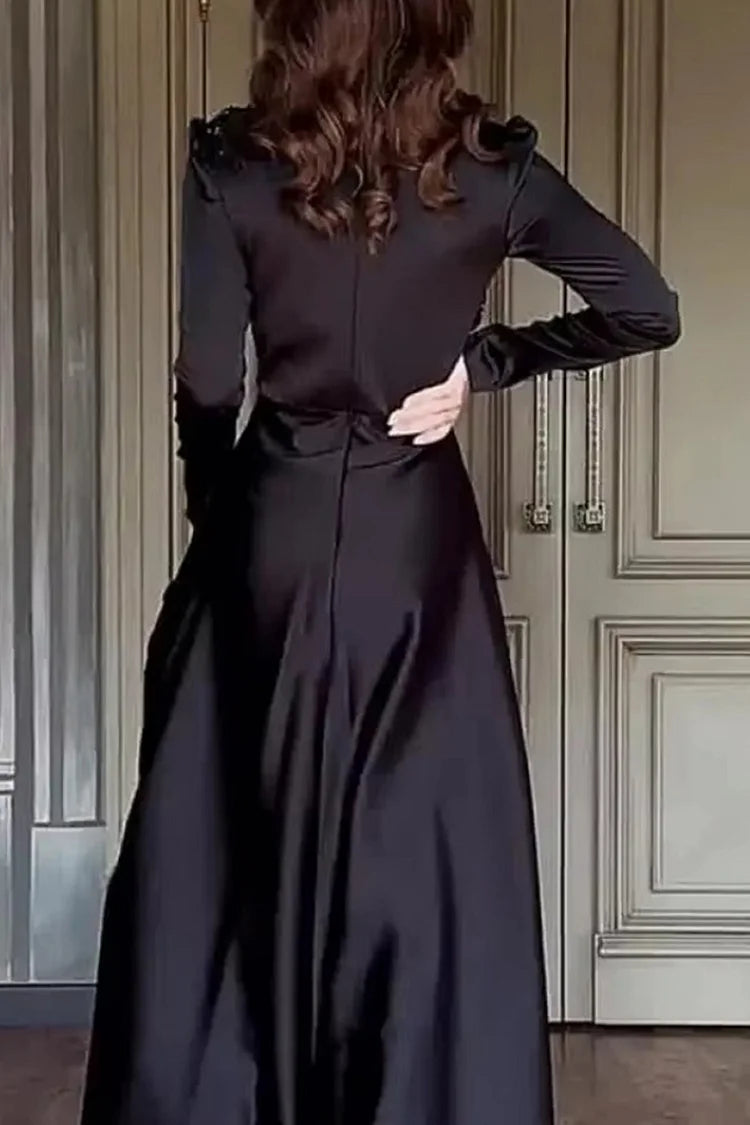 Mock Neck Long Sleeve Flower Patchwork Party Maxi Dresses-Black