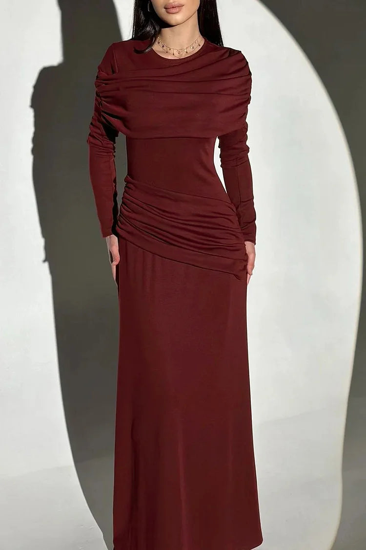 Patchwork Round Neck Long Sleeve Ruched Slim Fit Maxi Dresses