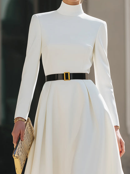 White High-Neck A-Line Midi Dress With Black Belt