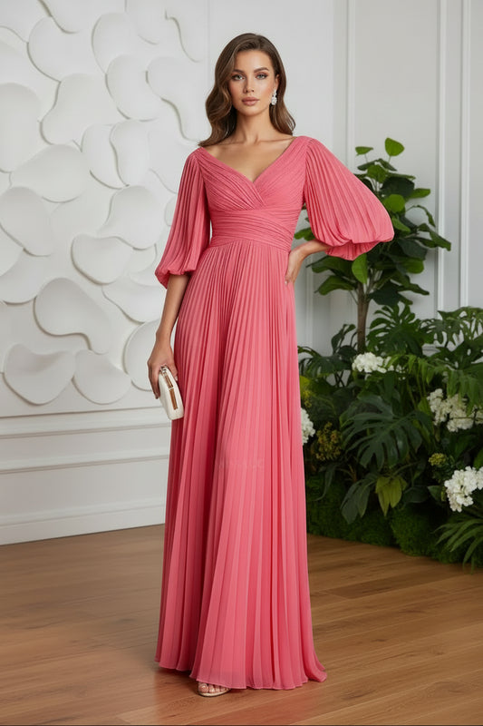 V-Neck 1/2 Sleeves Chiffon Mother Of The Bride Dresses With Pleated