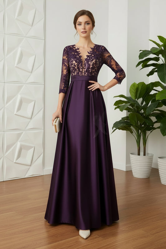 Lace V-Neck Sleeves A-Line Satin Mother Of The Bride Dresses