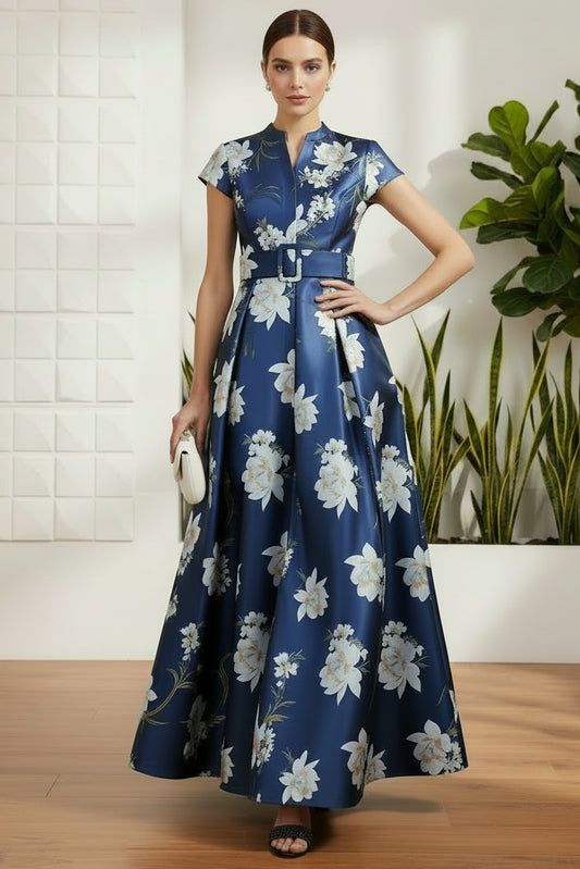 V-Neck Short Sleeves Ankle-Length Twill Satin Mother Of The Bride Dresses