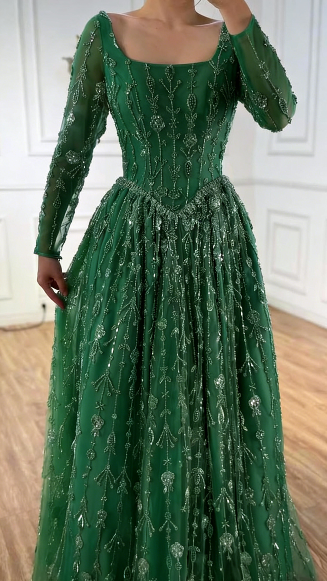 Scoop Long Sleeves Beaded Embroidery A-Line Prom Dress