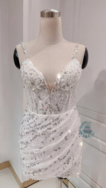 Custom wedding dress for the bride. Sexy V-deep short wedding dress. Beaded mini wedding dress with spaghetti sleeves for the party.