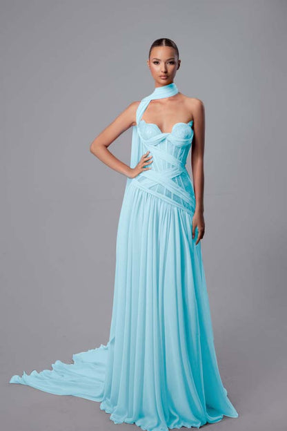 Lussooy Elegant Sleeveless Sweetheart Chiffon Pleated Prom Dress with Shawl