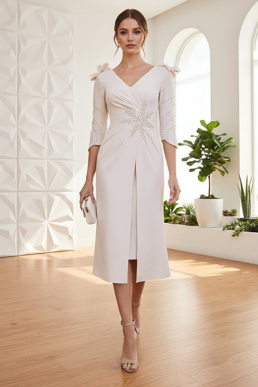 V-Neck Long Sleeves Beaded Sheath Mother of Bride Dress