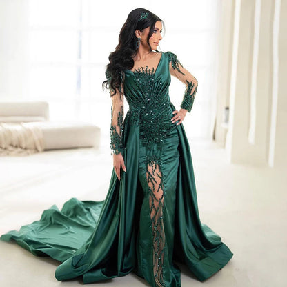 Luxury Dubai Green Mermaid Lace Beaded Satin Evening Dresses Formal Gowns