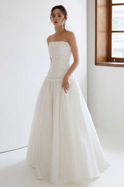 Taffeta A Line Long Wedding Dress Lace Up Back