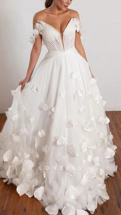 Charming Off The Shoulder Pleat Sweethart Butterfly Flower Wedding Dresses