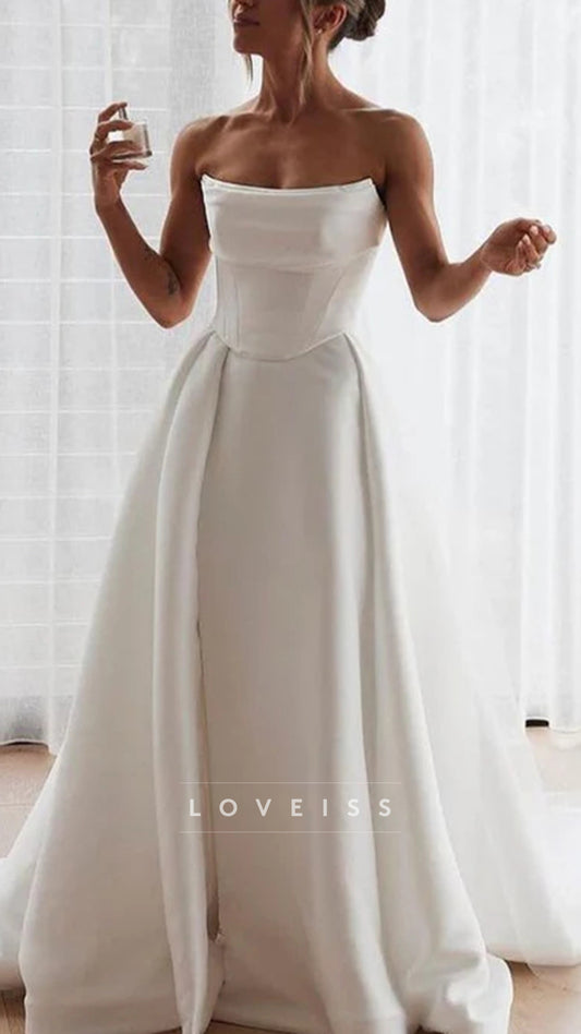 Pleat Satin A LIine Princess Wedding Dresses Side Slit Split