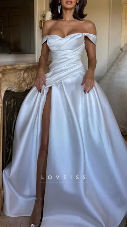 Satin A Line Wedding Dresses Side Slit Wedding Dress