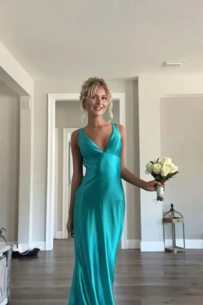 Simple Mermaid V Neck Green Long Prom Dress with Open Back