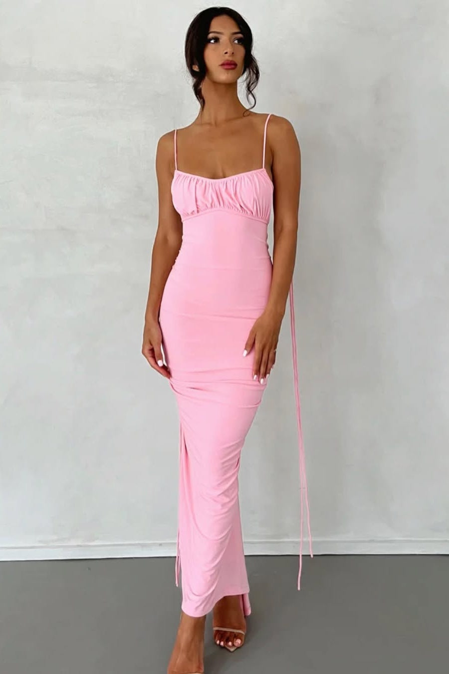 Stylish Sheath Spaghetti Straps Pink Tea Length Party Dress with Backless