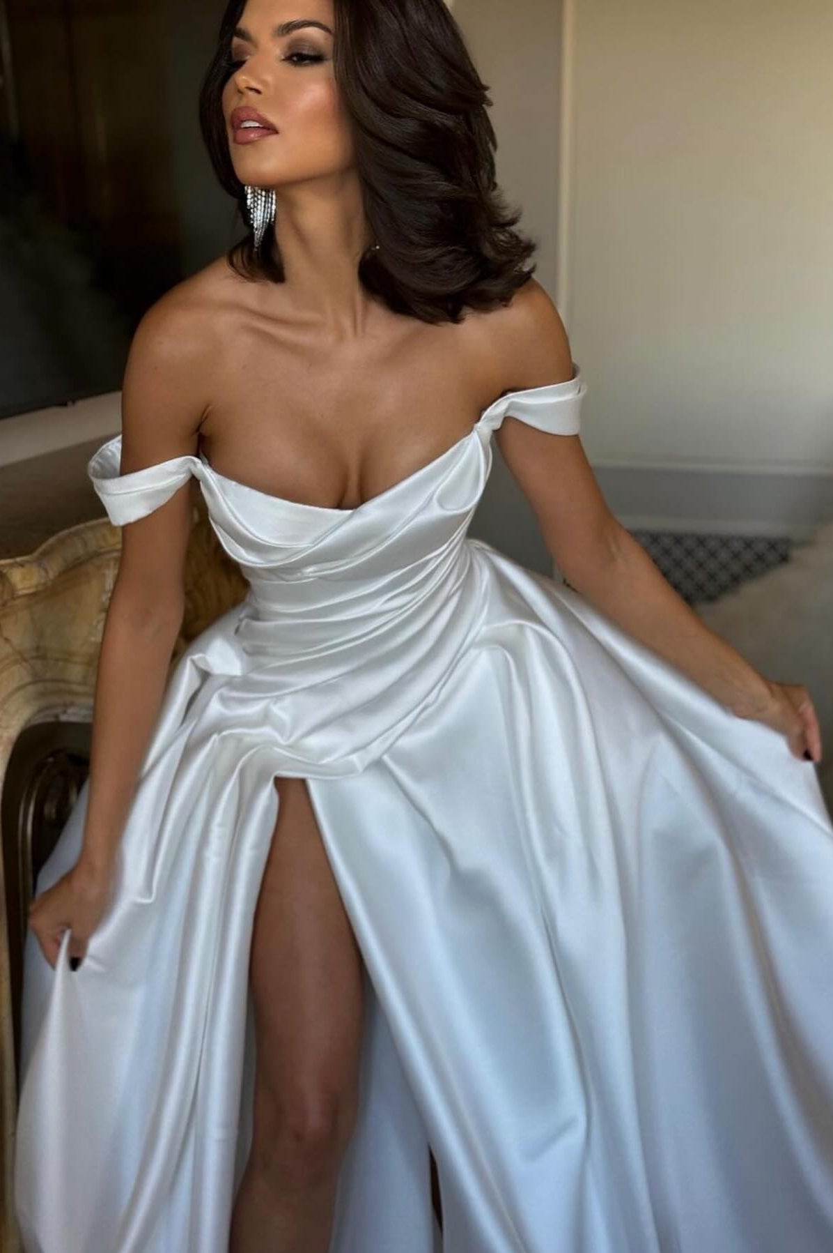 Satin A Line Wedding Dresses Side Slit Wedding Dress