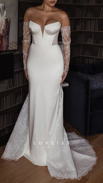 V-neck Satin Mermaid Wedding Dresses Removeable Lace Sleeves
