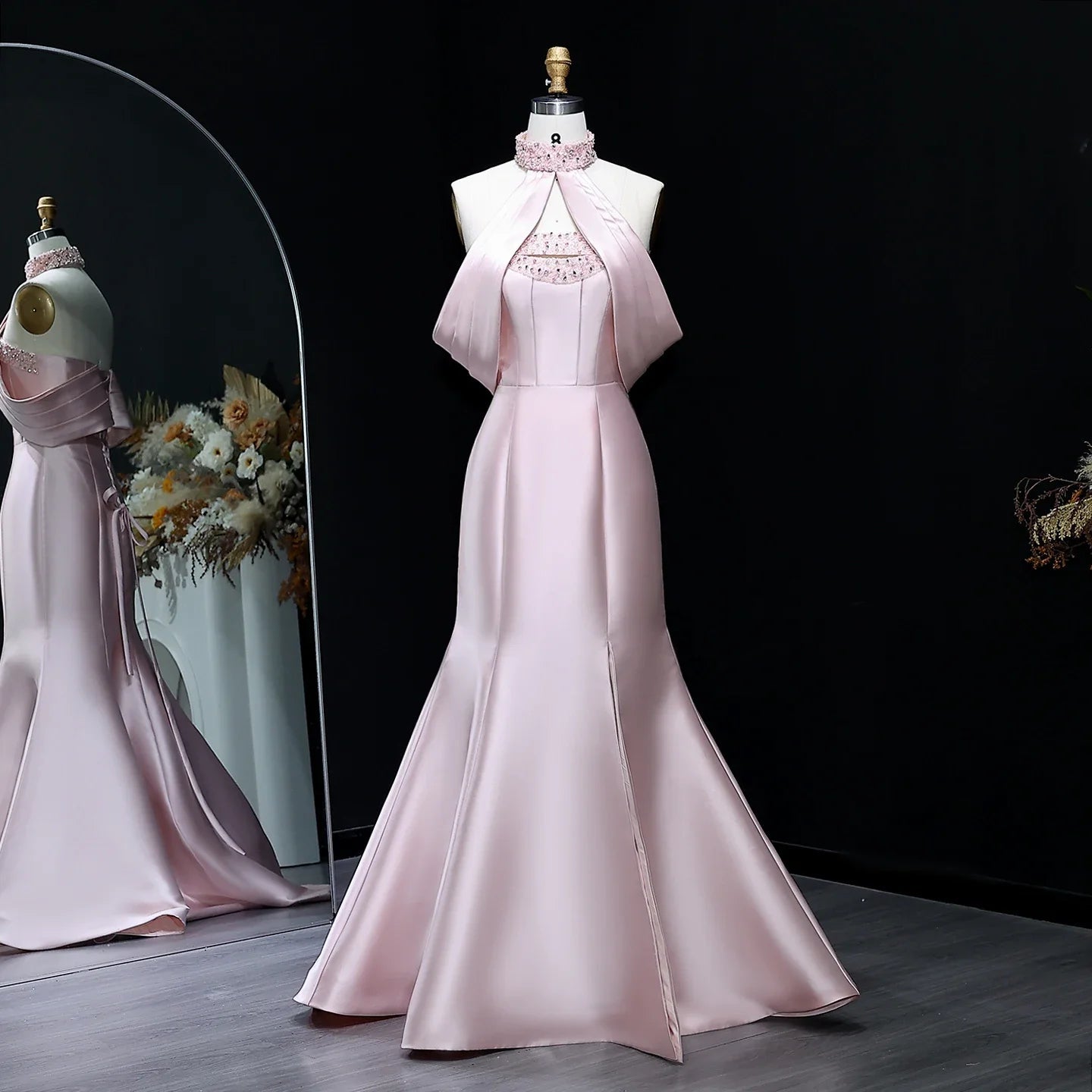 Pink Off-Shoulder Crystal Beaded Mermaid Evening Gown with Halter Detail