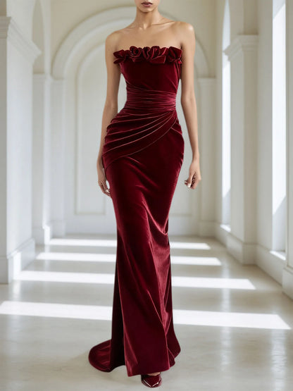 Wine Red 3D Floral Velvet Strapless Sleeveless Sheath Maxi Dress