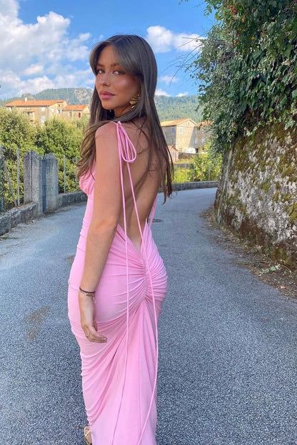 Stylish Sheath Spaghetti Straps Pink Tea Length Party Dress with Backless