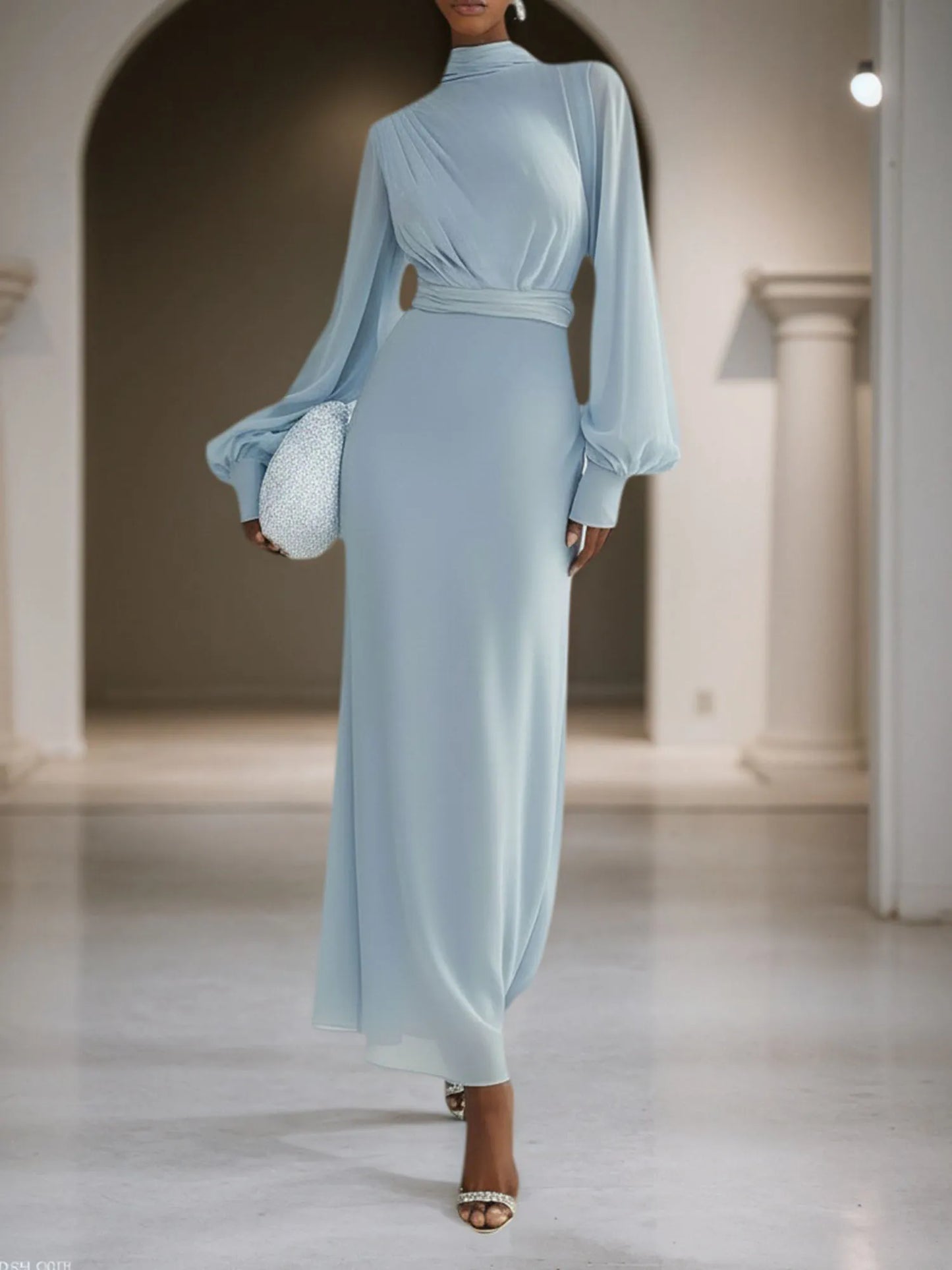 Light Blue Chiffon Mock Neck Long Sleeve Balloon Sleeve A-Line Maxi Dress