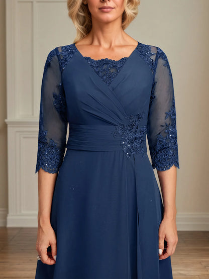 A-line Square Floor-Length Lace Chiffon Mother of the Bride Dress With Pleated Sequins