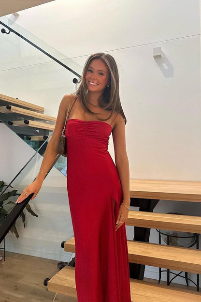 Simple Sheath Spaghetti Straps Pink Long Party Dress with Split Front