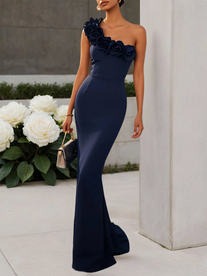 Navy Blue 3D Floral Classic One Shoulder Sleeveless Mermaid Gown Dress
