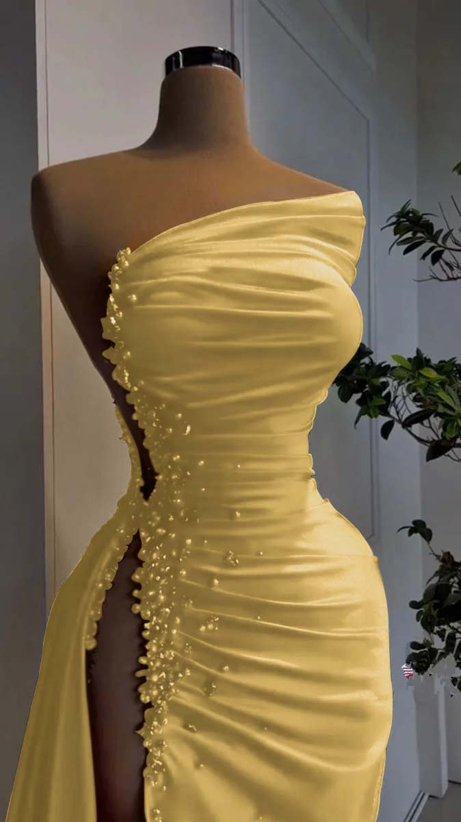 Sexy Red Beaded Satin Long Prom Dress with High Slit Evening Party Dress