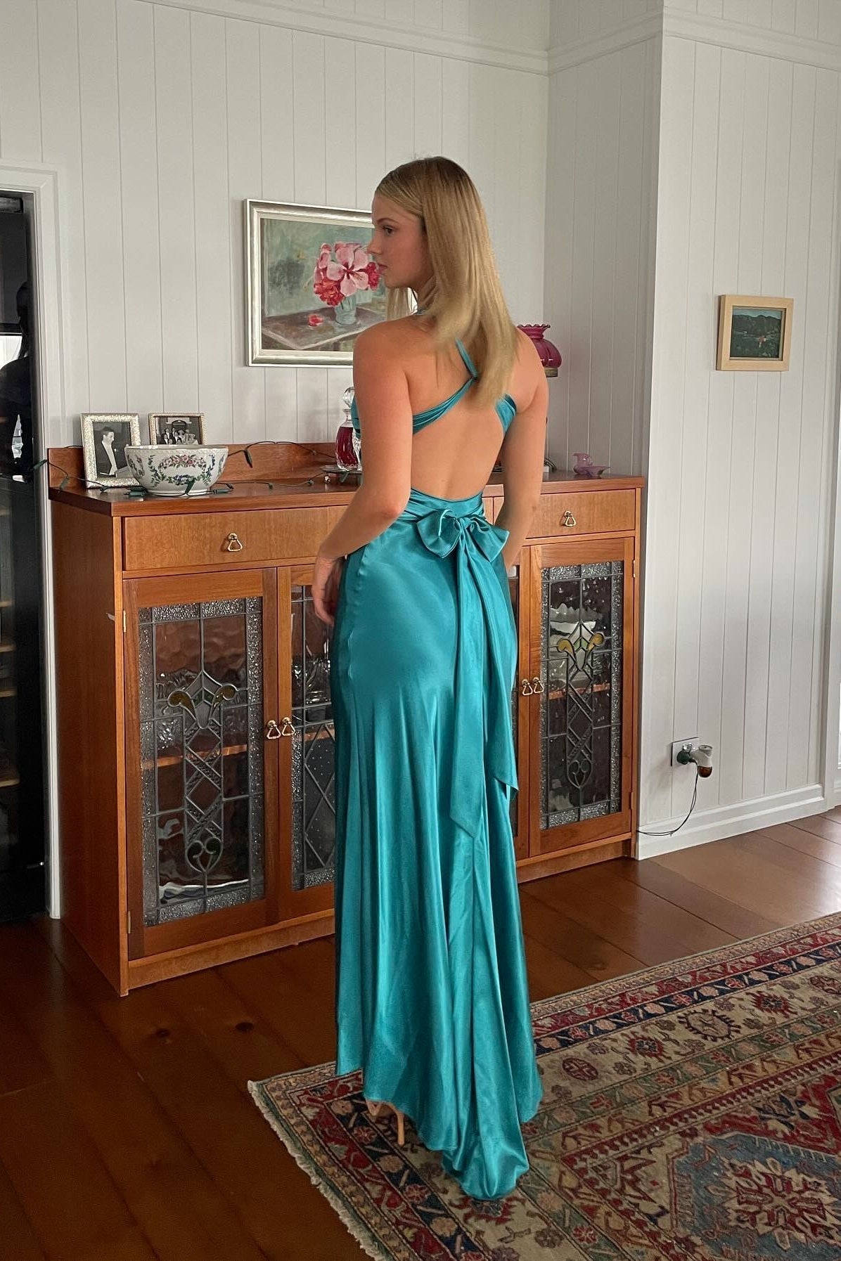 Trendy Sheath Halter Neck Purple Long Party Dress with Open Back Bowknot