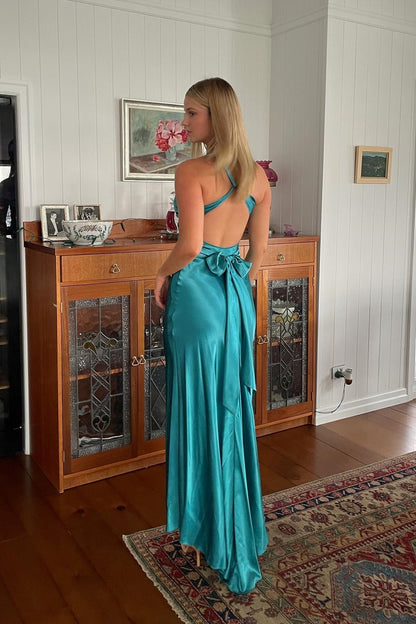 Trendy Sheath Halter Neck Purple Long Party Dress with Open Back Bowknot