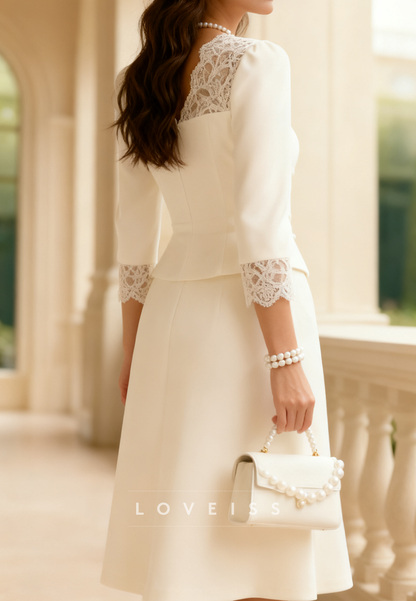 V-Neck Long Sleeves Appliques Knee-Length Wedding Dress