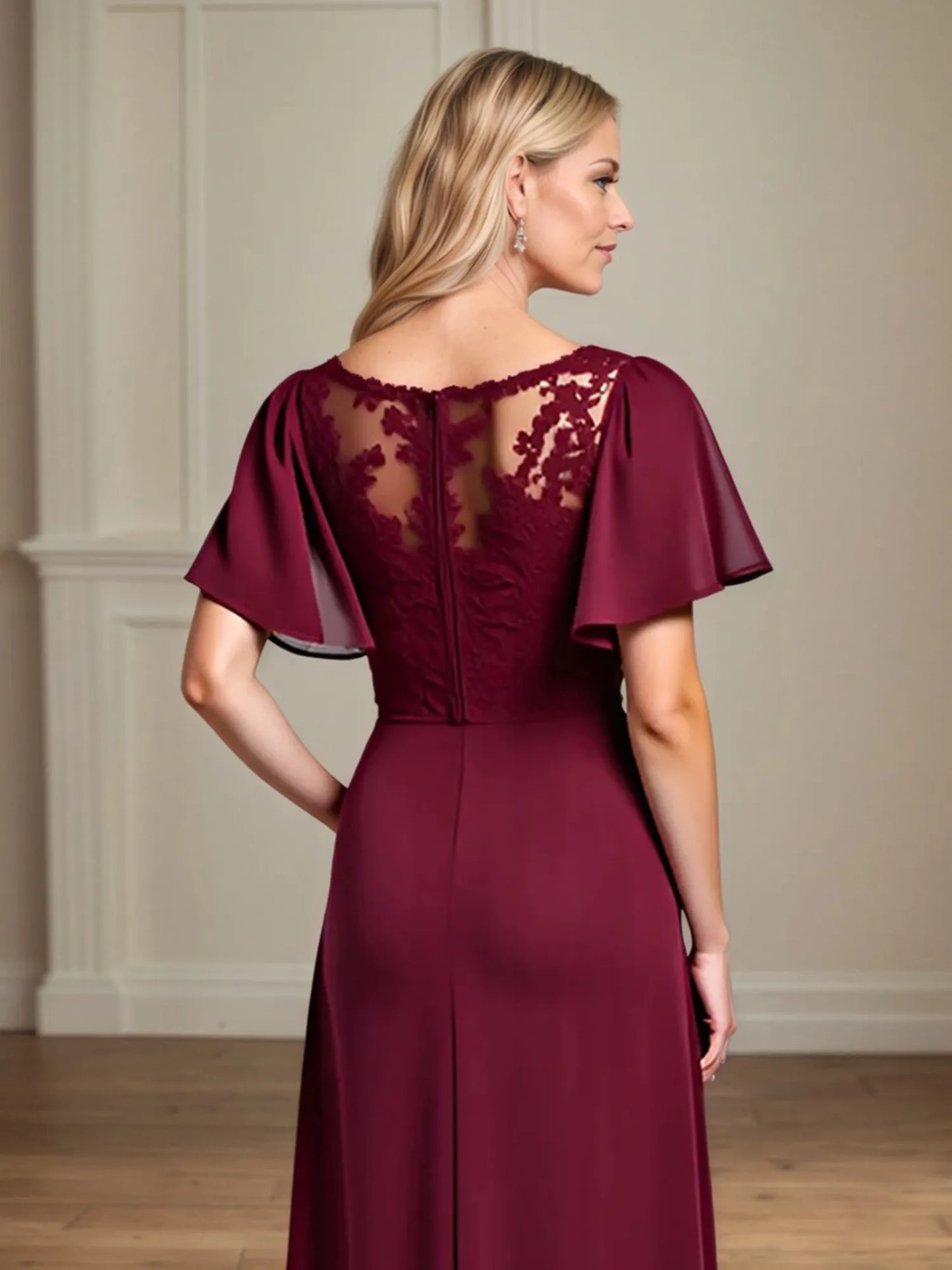 A Line Scoop Neck Short Sleeve Chiffon Mother of the Bride Dress With Leg Slit