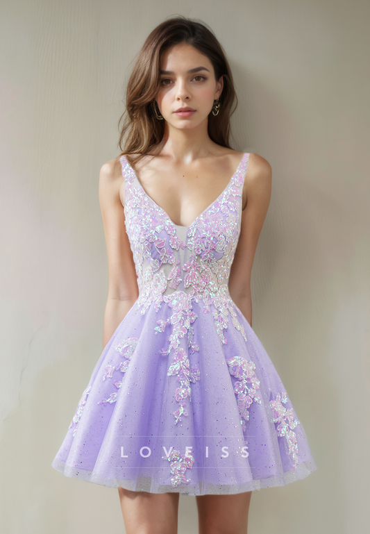 A Line V Neck Tulle Appliques Short Homecoming Dress Cute Graduation Dress